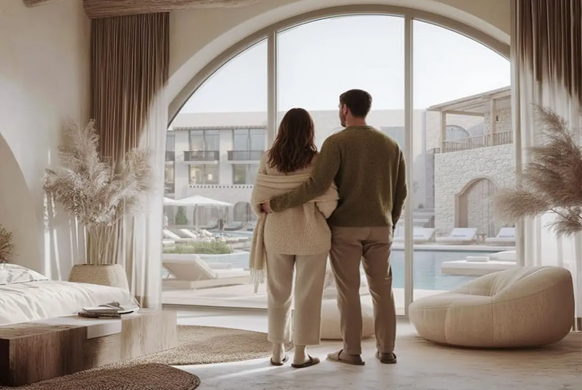 couple looking from apartment window on Red Hills Sahl Hasheesh Pool & Buildings